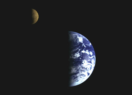 the Earth and Moon, photo taken by Galileo eight days after a gravity assist around Earth in 1992, on its way to Jupiter
